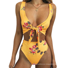 Venta caliente de las mujeres atractivas de talle alto monokini traje de baño impreso flores bikini traje de baño